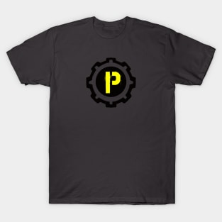 Yellow Letter P in a Black Industrial Cog T-Shirt